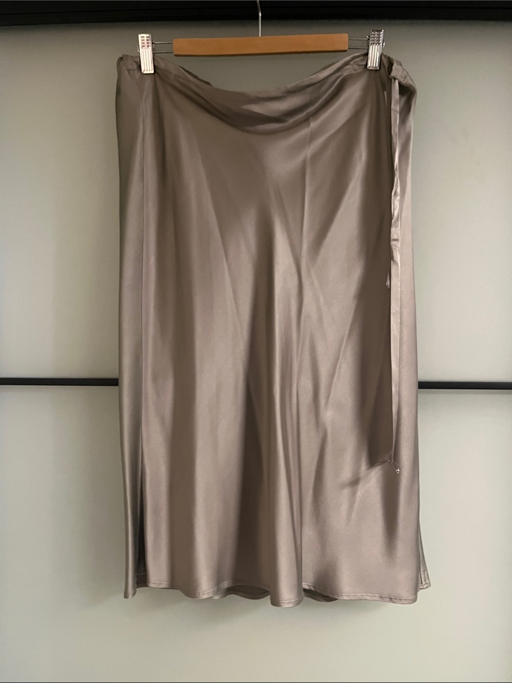 Satin Midi Slip Skirt in Taupe Grey